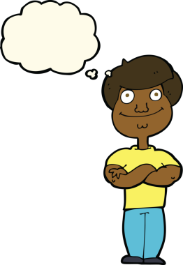 Bir insan tarafından çizilmiş düşünce balonlu mutlu adam çizgi filmi.