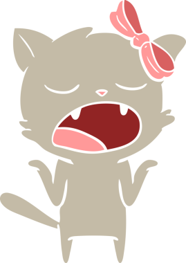 Düz renkli çizgi film. Esneyen kedi. Bir insan tarafından çizilmiş omuzlar.