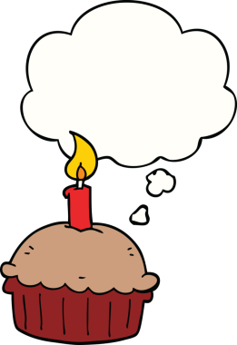 Bir insan tarafından çizilmiş düşünce balonlu doğum günü pastası.