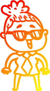 Bir insan tarafından çizilmiş gözlük takan mutlu bir kadının çizgi çizimi.