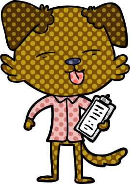 Bir insan tarafından çizilmiş panosu olan çizgi film köpeği.