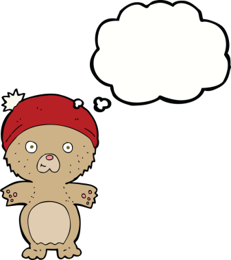 şapkalı şirin oyuncak ayı ve bir insan tarafından çizilmiş düşünce balonu.