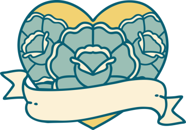 İkonik dövme stili bir kalp ve bir insan tarafından çizilmiş çiçekli pankart.