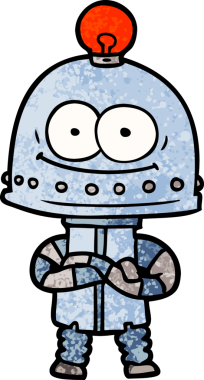 Bir insan tarafından çizilmiş ampullü mutlu karton robot.