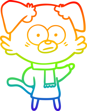 Bir insan tarafından çizilmiş eşarp takan sinirli bir köpeğin çizimi.