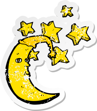 Bir insan tarafından çizilmiş uykulu ay karikatürünün gerilemiş retro yapıştırması