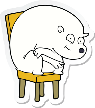 Bir insan tarafından çizilmiş sandalyeye mutlu bir kutup ayısının çıkartması.