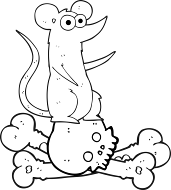 Bir insan tarafından çizilmiş kemikler üzerine çizilmiş siyah beyaz çizgi film faresi.