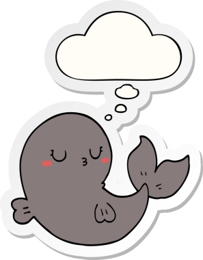 Bir insan tarafından çizilmiş bir çıkartma olarak düşünce baloncuğu olan sevimli çizgi film balinası.