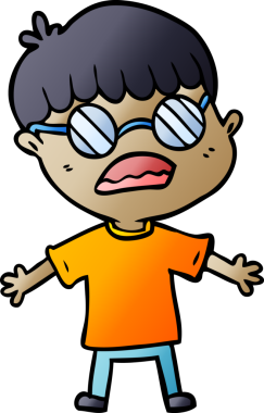 Bir insan tarafından çizilmiş gözlük takan çizgi film çocuğu.