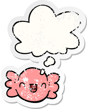 Düşünce baloncuğuyla sarılı çizgi film insan tarafından çizilmiş yıpranmış bir çıkartma gibi.