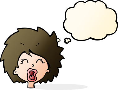 Bir insan tarafından çizilmiş düşünce baloncuğuyla çığlık atan çizgi film kadını.