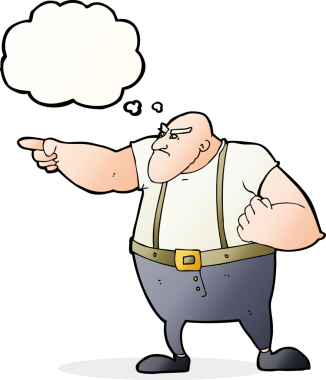 Bir insan tarafından çizilmiş düşünce baloncuğuyla işaret eden kızgın sert adam.