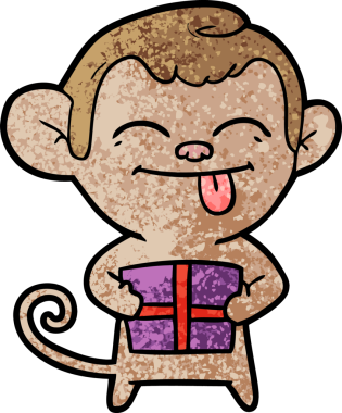 Bir insan tarafından çizilmiş Noel hediyeli komik çizgi film maymunu.