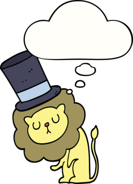 Bir insan tarafından çizilmiş düşünce baloncuklu silindir şapkalı şirin bir aslan.