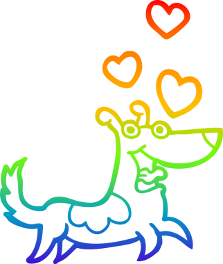 Gökkuşağı gradyan çizgi çizimi bir insan tarafından çizilmiş aşk kalpleri olan bir köpek.