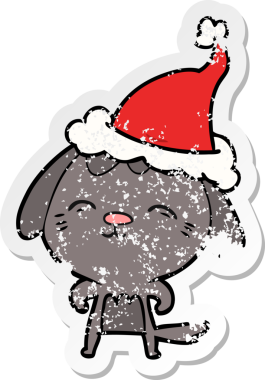 Mutlu el çizilmiş hüzünlü çıkartma. Bir insan tarafından çizilmiş Noel Baba şapkası takan bir köpek.