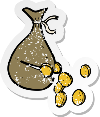 Bir insan tarafından çizilmiş para dolu bir karikatür çantasının geriletilmiş etiketi.