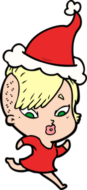 Bir insan tarafından çizilmiş Noel Baba şapkası giymiş şaşırmış bir kızın el çizimi.