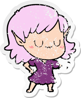 Bir insan tarafından çizilmiş bir elbise giyen mutlu bir elf kızının sıkıntılı çıkartması.