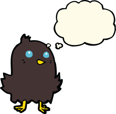 Bir insan tarafından çizilmiş düşünce baloncuklu çizgi film kuşu.