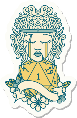 Hüzünlü bir elf barbarının çıkartması. İnsan tarafından çizilmiş doğal bir D20 yuvarlak yüzlü.