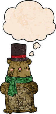 Bir insan tarafından çizilmiş grunge desenli düşünce baloncuklu çizgi film ayısı.