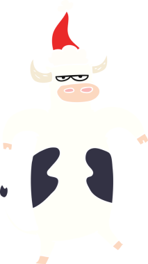 Bir insan tarafından çizilmiş Noel Baba şapkası takan bir boğanın düz renkli çizimi.