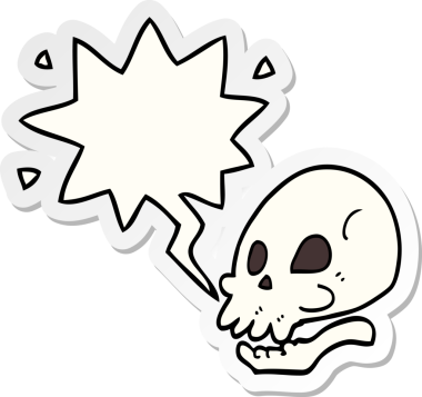 Bir insan tarafından çizilmiş konuşma balonu çıkartmalı karikatür kafatası.