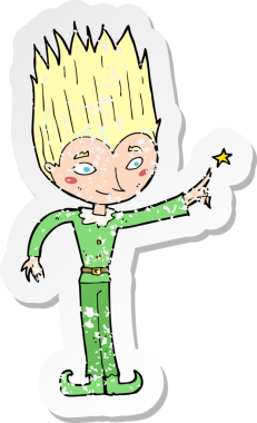 Bir insan tarafından çizilmiş sihirli bir noel elfi karikatürünün geriletilmiş yapıştırması.