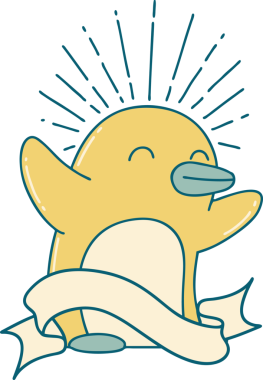 Bir insan tarafından çizilmiş mutlu penguen dövmeli parşömen.