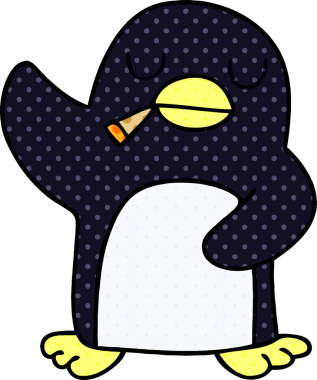 Bir insan tarafından çizilmiş, çizgi roman tarzı tuhaf bir penguen.