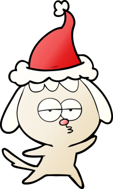 Bir insan tarafından çizilmiş Noel Baba şapkası takan sıkılmış bir köpeğin el çizimi karikatürü.