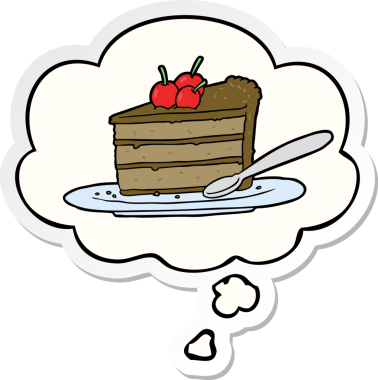 Düşünce baloncuklu çikolatalı pasta bir insan tarafından çizilmiş çıkartma.