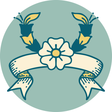 bir insan tarafından çizilmiş dekoratif bir çiçeğin pankartıyla dövme stili simgesi