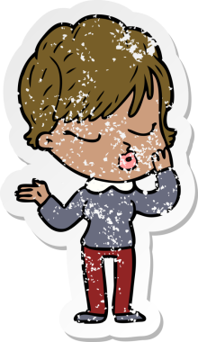 Bir insan tarafından çizilmiş gözleri olan karikatürlü bir kadının sıkıntılı çıkartması.