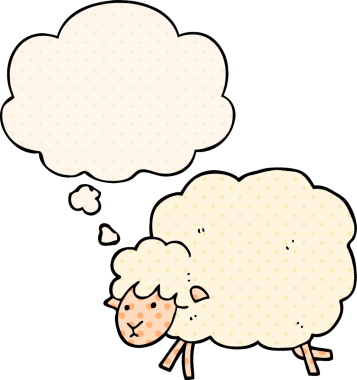 Bir insan tarafından çizilmiş çizgi roman şeklinde düşünce baloncuklu koyun.