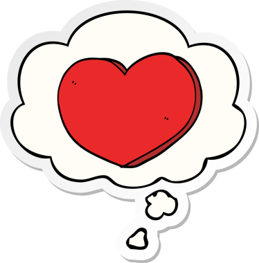 İnsan tarafından çizilmiş bir çıkartma gibi düşünce baloncuklu karikatür kalbi.