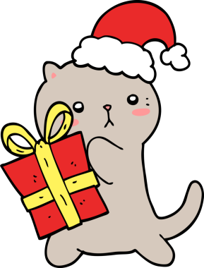 Bir insan tarafından çizilmiş Noel hediyesini taşıyan sevimli çizgi film kedisi.