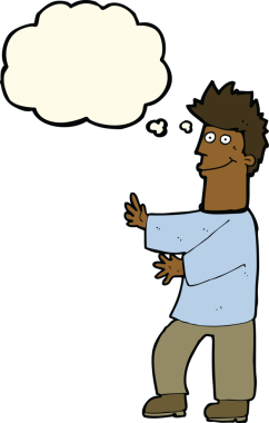 Bir insan tarafından çizilmiş düşünce balonlu mutlu adam çizgi filmi.