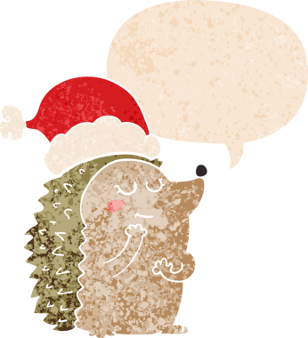 Çizgi film kirpisi, Noel şapkası takıyor ve grunge şeklinde konuşma balonu takıyor.