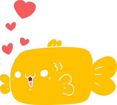 Sevgi dolu kalpleri bir insan tarafından çizilmiş düz renkli çizgi film balığı.