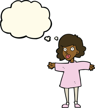 Bir insan tarafından çizilmiş düşünce kabarcığı olan karikatürlü sinirli kadın.