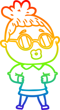 Bir insan tarafından çizilmiş gözlük takan bir karikatür kadının çizimi.