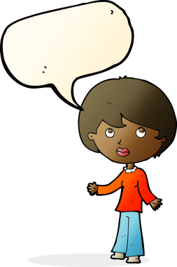 Bir insan tarafından çizilmiş bir konuşma balonuyla düşünen karikatür kadını.