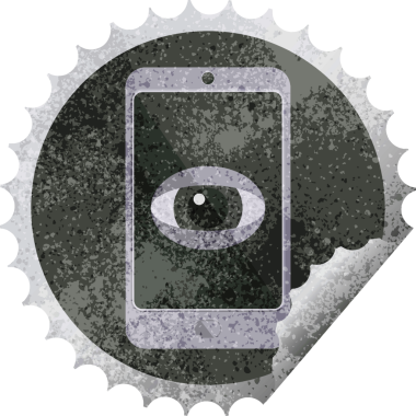 Cep telefonu, bir insan tarafından çizilmiş grafik vektör illüstrasyon etiketini izliyor.