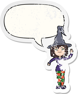 Konuşma baloncuğu olan karikatür cadısı bir insan tarafından çizilmiş sıkıntılı eski bir çıkartma