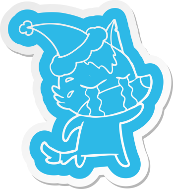 Bir insan tarafından çizilmiş Noel Baba şapkası giyen ağlayan bir kurdun garip çizgi film çıkartması.