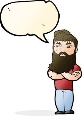 Bir insan tarafından çizilmiş sakallı ciddi bir çizgi film karakteri.