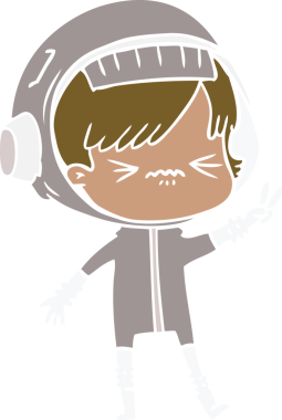 Kızgın düz renkli çizgi film çizen uzay kızı bir insan tarafından çizilmiş iki parmağını kaldırıyor.